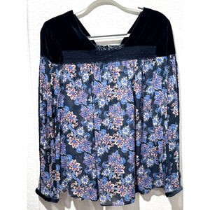Sundance Blue Blouse Sz XS Fairy Top Sheer Floral Velvet Lace Trim Whimsigoth